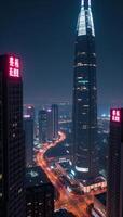 A futuristic city illuminated by vibrant neon lights and towering skyscrapers that glow at night photo