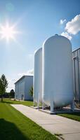 A modern ecofactory harnesses hydrogen power with industrial tanks on a sunlit day showcasing innovative energy technology in an artistic 3D representation photo