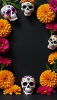 Vibrant Day of the Dead scene featuring traditional sugar skulls marigolds and room for product promoparty invite photo