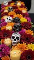 Vibrant Day of the Dead floral border adorned with skulls and candles photo