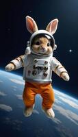 A rabbit astronaut floating in space photo