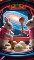 Two anthropomorphic rabbit astronauts prepare dessert aboard their spacecraft photo