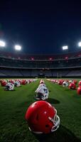Neonlit football field adorned with multiple helmets and soccer balls photo