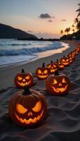 Spooky Halloween beach scene featuring lit jackolanterns and dark waters photo