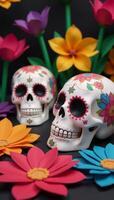 Brightly patterned papercraft Dia de Los Muertos skulls amidst lively paper flower arrangements photo