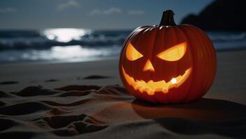 A hauntingly beautiful Halloween pumpkin sits on the shore during a moonlit beach scene photo