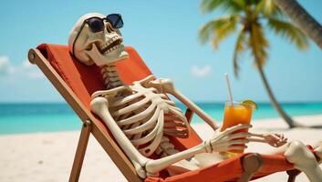 A humorous illustration featuring a laidback skeleton sipping on a cocktail while lounging in a beach chair wearing sunglasses photo