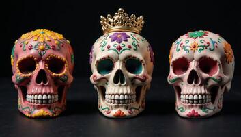 Three colorful sugar skulls are set against a dark backdrop photo
