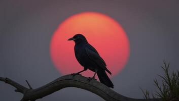 Black bird sitting on a tree branch before a giant red sun photo