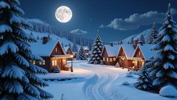 Winterthemed 3D rendition showcases a tranquil idyllic Christmas village nestled in snowy North Pole landscape under a glowing full moon photo