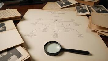 Closeup image of a genealogists workspace showcasing family trees and documents photo