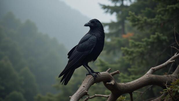 Raven perched on twisted branch amidst mystical forest fog photo