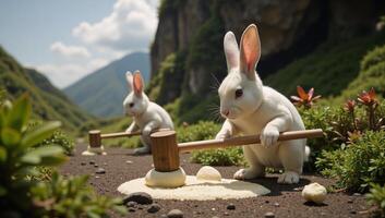Alien bunnies beat mochi using long hammers amidst strange plant life photo