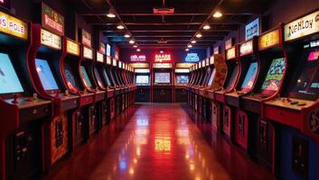A retro arcade wonderland shines brightly with rows of vintage game machines and glowing neon reflections photo
