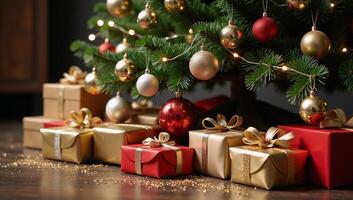 A magical holiday scene showcases a sparkling Christmas tree adorned with shiny ornaments amidst glistening presents and twinkling lights photo
