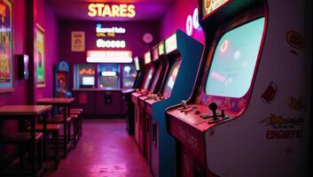 Vibrant Neon Arcade Scene with Retro Game Cabinet photo