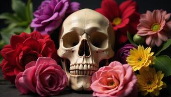 Skull amidst blooming flora with vibrant colors photo