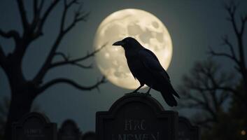 A graveyard scene featuring a perched raven under a moonlit sky during Halloween photo