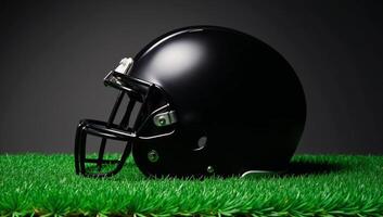 A sleek black football helmet stands out dramatically against vibrant green grass showcasing its polished finish as a powerful symbol of strength and athleticism photo