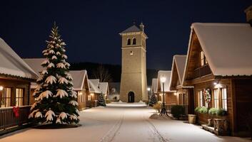 Charming snowy Christmas village street with decorated houses a snowcovered tree and a towering tower in the backdrop illuminated by festive lights and garland for an enchanting winter scene photo