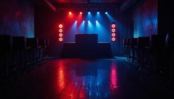 Red and Blue LightFilled Nightclub Interior Empty photo