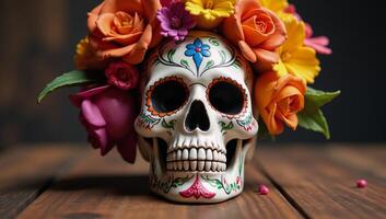A calavera Grim Reaper adorned in floral details is depicted alongside La Llorona and La Santa Muerte as illustrated by the Calavera style photo