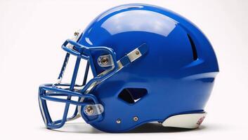 Closeup portrait featuring an isolated blue football helmet against a white background photo