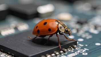 Ladybug on computer circuits depicts computer bugs and need for troubleshootingdebugging photo