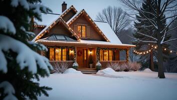 A festive holiday house is shown amid snowcovered trees photo