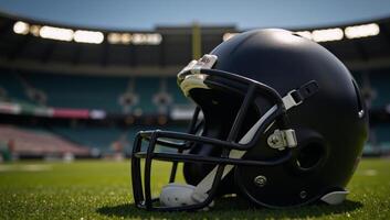 Closeup shot of an empty football helmet amidst blurred stadium backdrop emphasizing detailed sports gear and equipment photo
