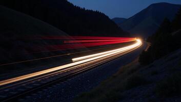 Fastmoving train trail lights across dark night road photo