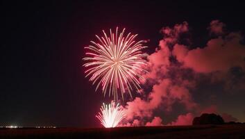 Night sky filled with colorful indistinct firework explosions photo