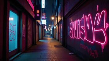 Vibrant neon graffiti illuminates a gritty cyberpunk alleyway photo