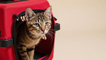 A tabby cat peering out of a red pet carrier photo