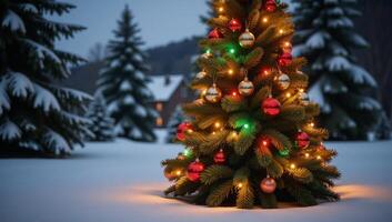 A picturesque Christmas scene featuring a shining tree adorned with glittering gold ornaments amidst a frosty snowcovered landscape photo