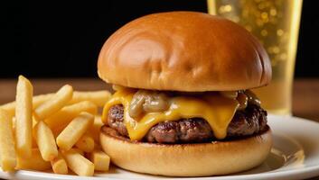 Perfect American meal juicy burger crispy fries cold beer photo