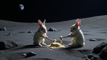 Moonlit rabbit astronauts make moonshaped mochi in space with earth and craters as background photo