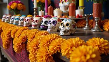 A colorful and ornate Day of the Dead altar decorated with marigolds and sugar skulls photo