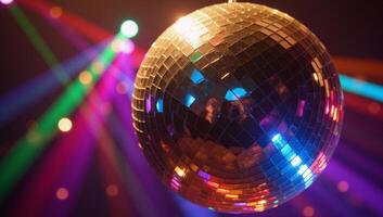 Discothemed image featuring a shimmering disco ball surrounded by vibrant disco lights photo