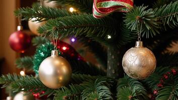 A decorated Christmas tree adorned with festive ornaments photo