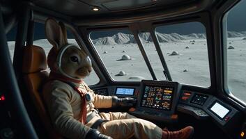 Rabbit piloting spaceship to moon Space travel anthropomorphic rabbit pilot photo