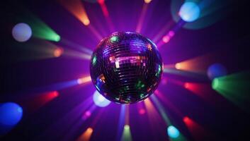 Shimmering purple disco ball surrounded by dazzling disco lights photo