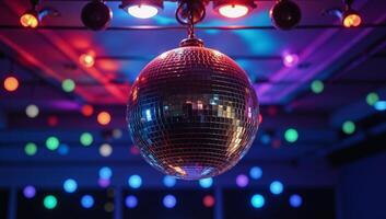 A vibrant discothemed scene featuring a disco ball as both subject and backdrop photo
