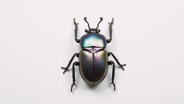 Topdown view of an isolated slate robotic beetle against a white backdrop photo