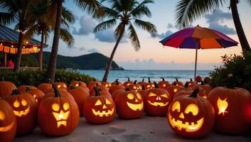 A glowing pumpkin patch on a tropical beach illuminates a festive holidaythemed sunset scene photo