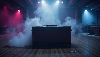Empty nightclub with smokefilled dance floor bathed in neon light photo
