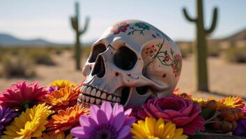 A Dia de los MuertosCinco de Mayo celebration featuring La Llorona and La Santa Muerte along with a floweradorned Mexican skull on an altar set amidst a barren desert landscape photo