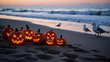 A Halloweenthemed ocean beach scene featuring pumpkin jackolanterns photo