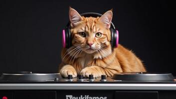 Cat wearing oversized headphones sits at a DJ booth with turntables photo