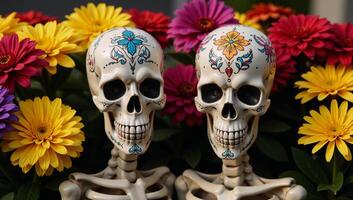 Portrayal of La Llorona and La Santa Muertes skull adorned with flowers photo